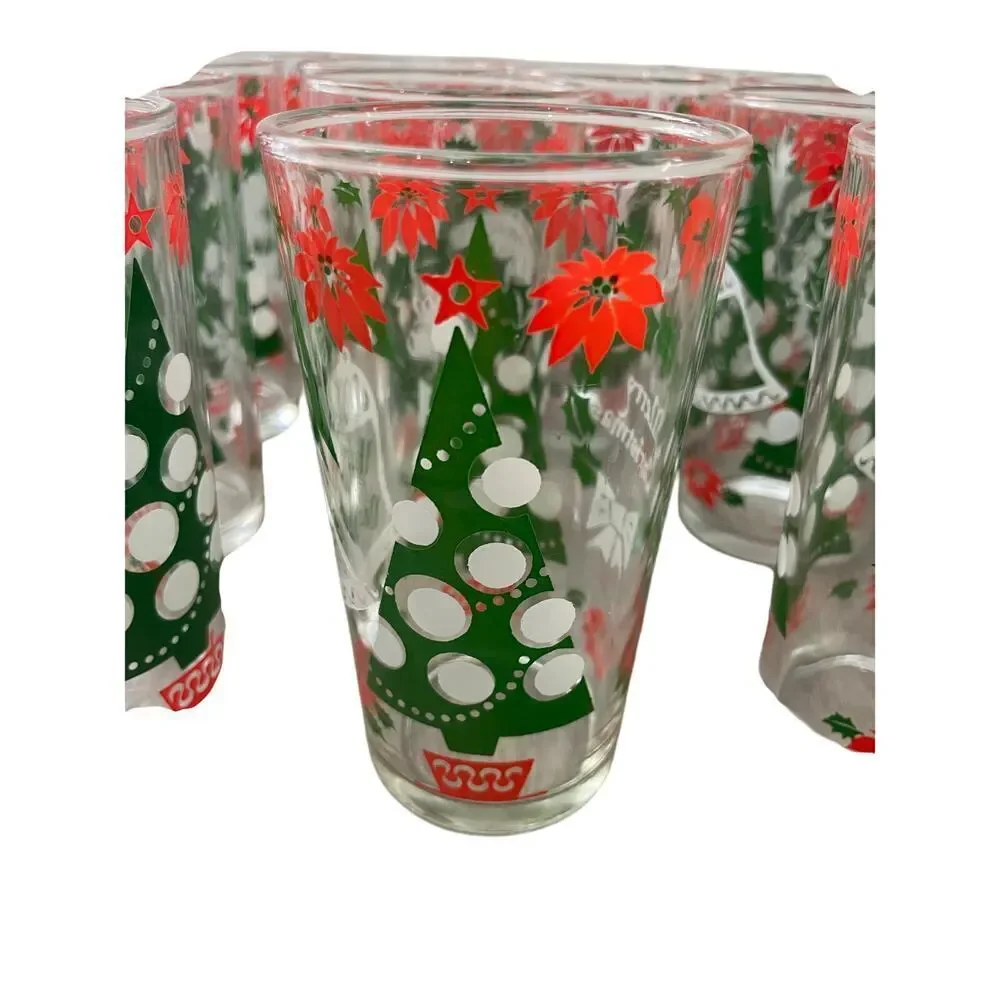 VINTAGE HAZEL ATLAS GLASSES SET OF 14 HOLIDAYS CHRISTMAS WREATH HOLLY BERRY RARE